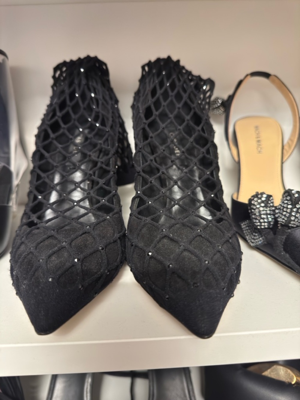 Casadei Black Mesh Pointed Slingback Heels